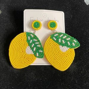 Lemon Beaded Earrings - Yellow, White and Green